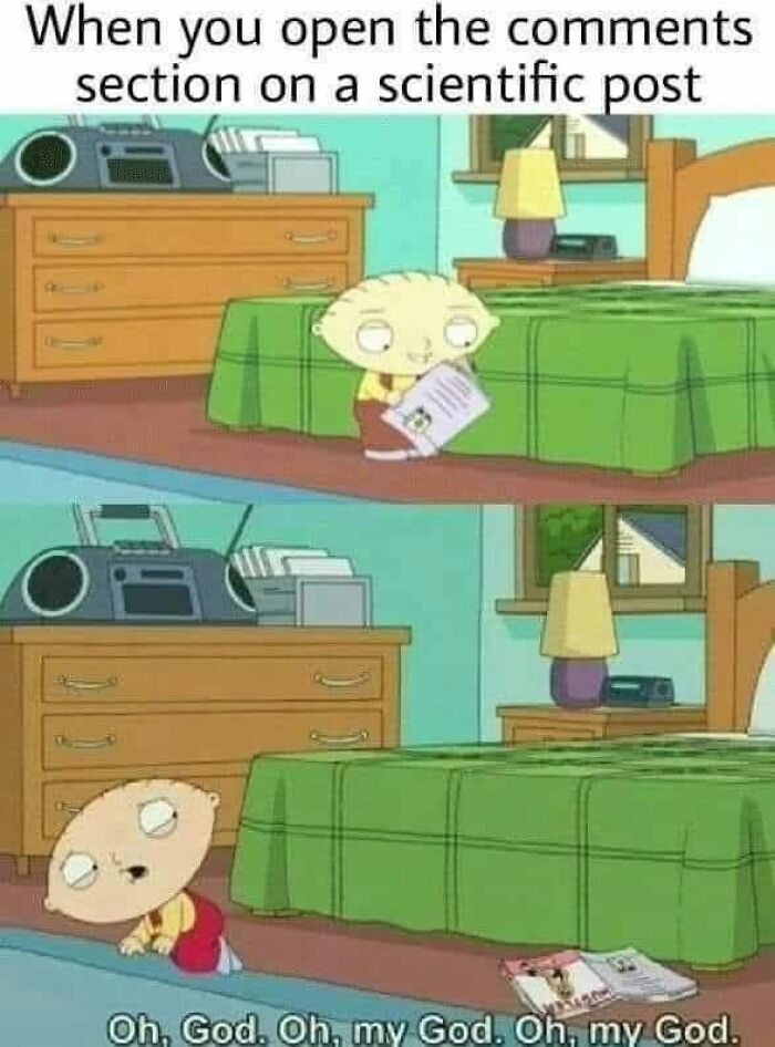 Stewie from Family Guy reacting with shock, representing the ridiculous posts in America's cultural decline.