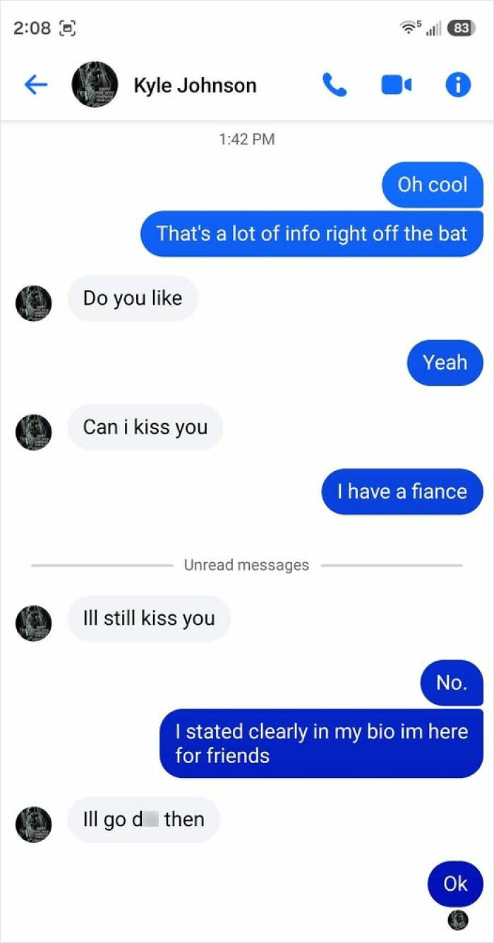 A screenshot of a funny example of a guy thinking too highly of himself, asking to kiss a woman with a fiance.