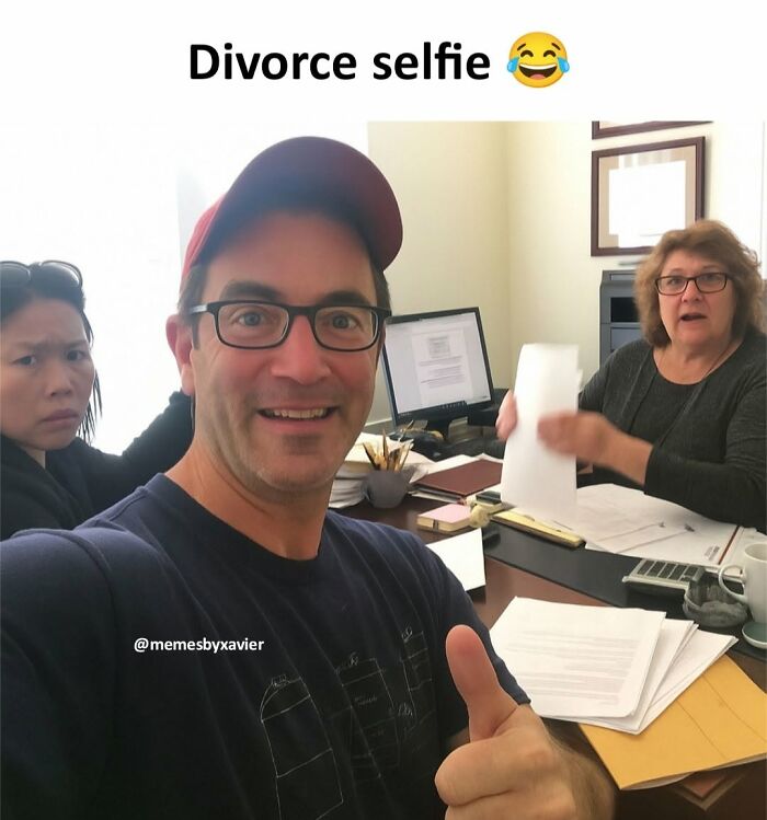 Xavier meme: A man smiling with a thumbs up in a divorce selfie, shared in hilarious posts.