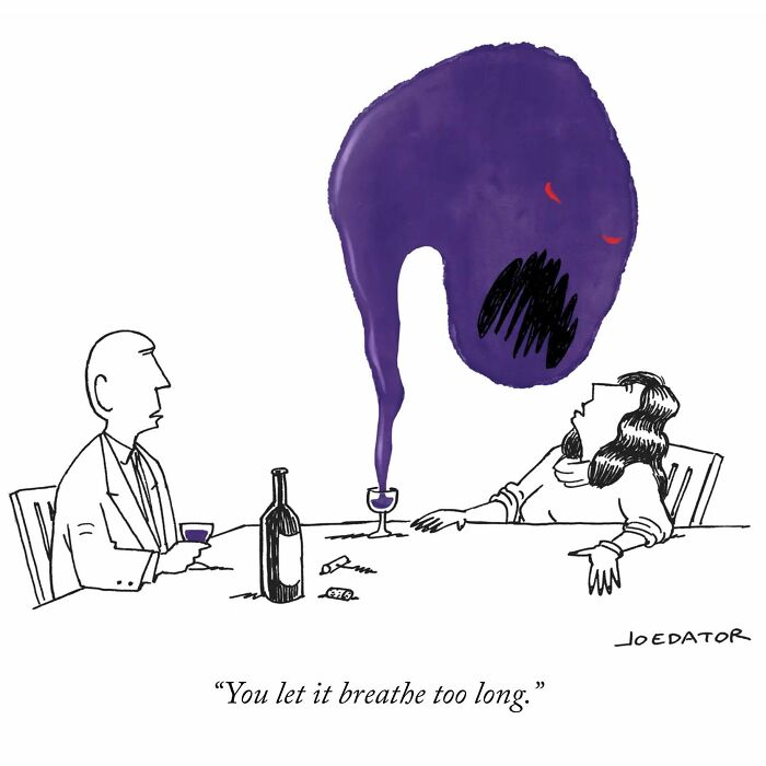 A brilliant single panel cartoonist shows a man and woman at a table with a purple monster emerging from a wine glass.