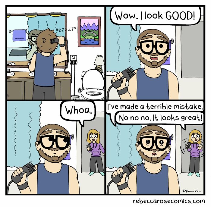 Rebecca Rose comics: A man awkwardly cuts his hair, realizing a mistake, while a woman reacts in surprise.