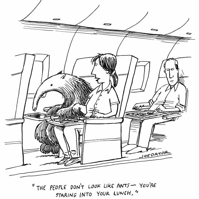 Cartoonist depicts everyday absurdity of a woman traveling with an anteater on an airplane.