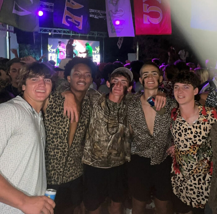 Five young men at a party, some in leopard print, one holding a drink, connected to the Nolan Wells scandalous case. Five young men at a party, some in leopard print, one holding a drink, connected to the Nolan Wells scandalous case.