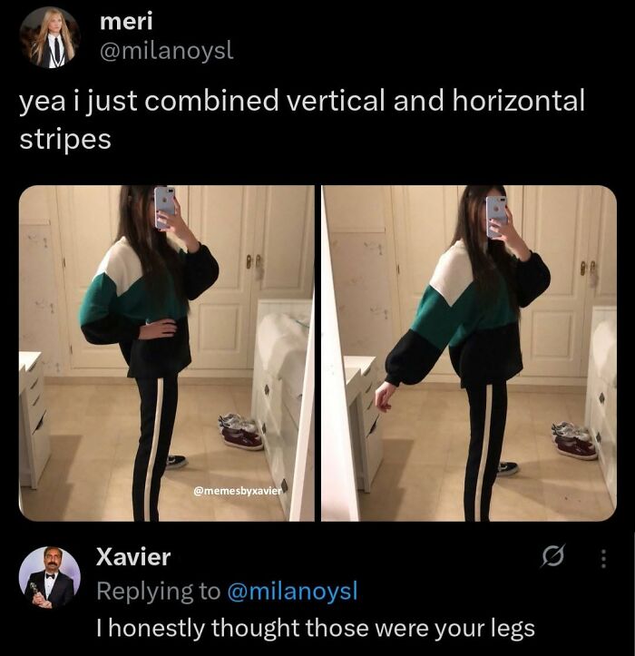 Xavier meme: A woman's striped pants are mistaken for her legs, a funny post from Xavier.