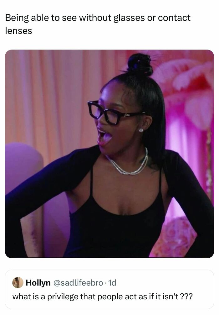 Funny posts about being a woman: a woman wearing glasses with an amazed expression.