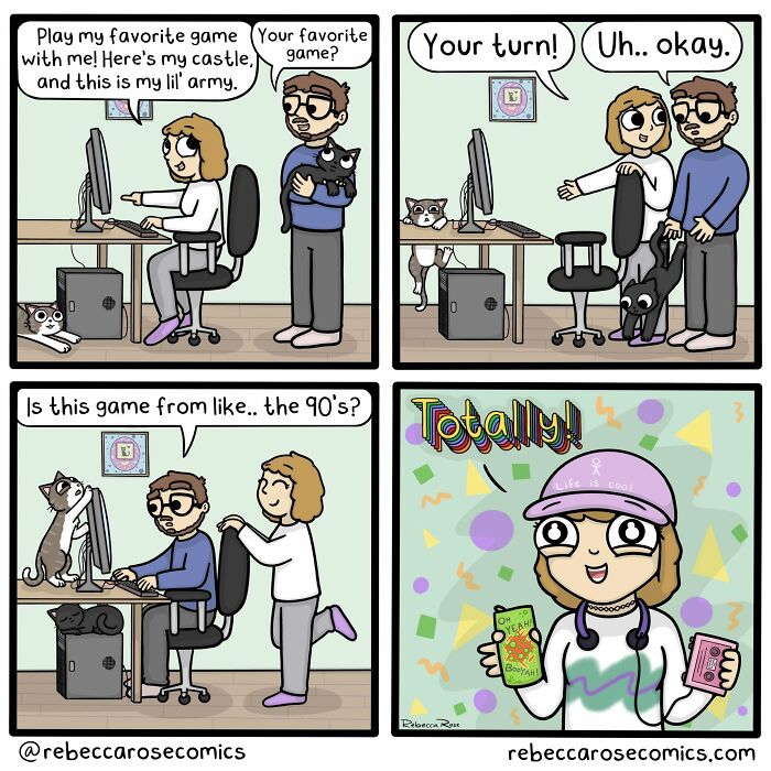 Rebecca Rose comic of a couple playing video games, turning awkward moments into laugh-out-loud situations.