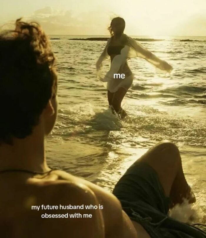 Funny posts about being a woman: a man looks at a woman walking out of the ocean at sunset.