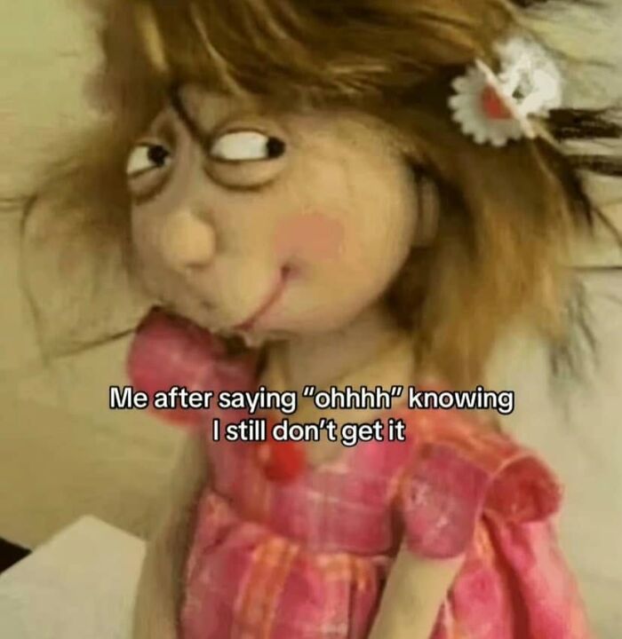 Funny posts about being a woman: A doll with messy hair and a knowing smirk, illustrating confusion.