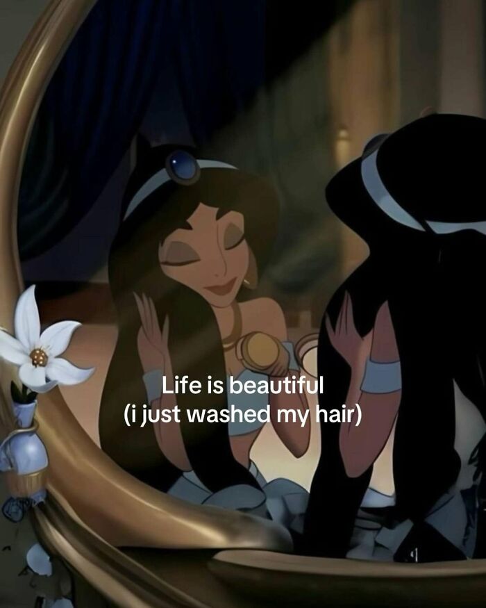 Funny posts about being a woman: Princess Jasmine looking happily in a mirror, text says Life is beautiful (I just washed my hair).