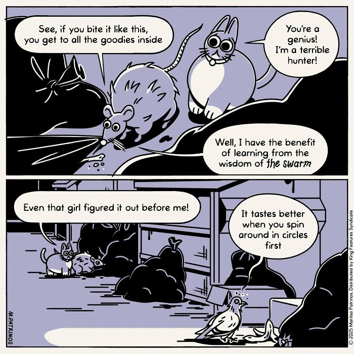 A cartoon of cats with jobs: cats discuss hunting strategies for a rat and a pigeon.