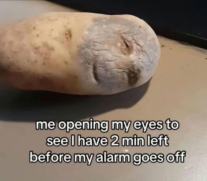 Funny posts about what being a woman is like, with a potato meme representing waking up before an alarm.