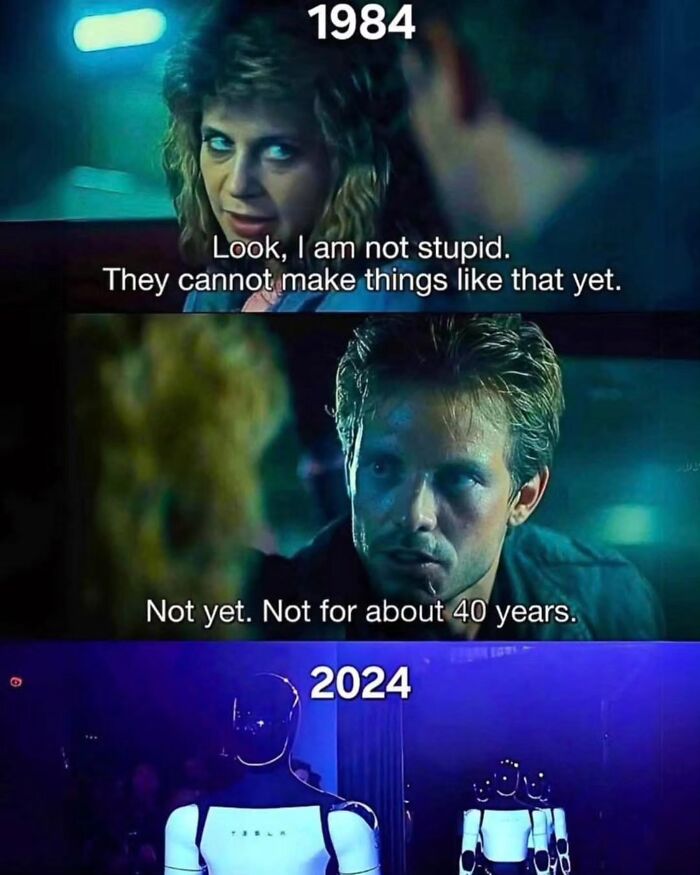A meme with a 1984 movie scene and a 2024 robot, showcasing the superior decades of the 80s and 90s.