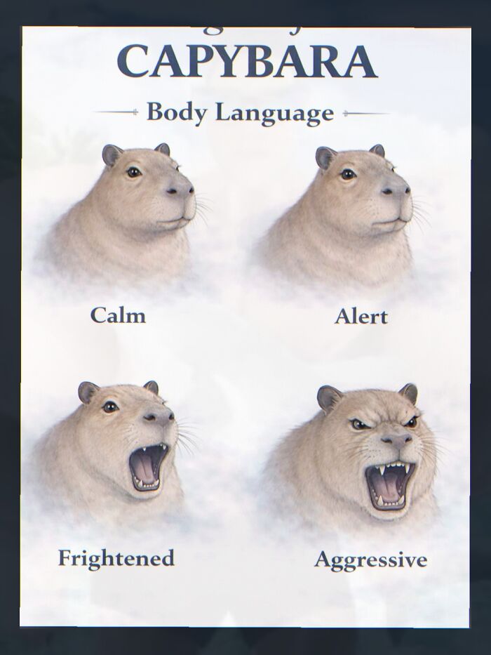 A weird meme illustrating capybara body language with four expressions: calm, alert, frightened, and aggressive.