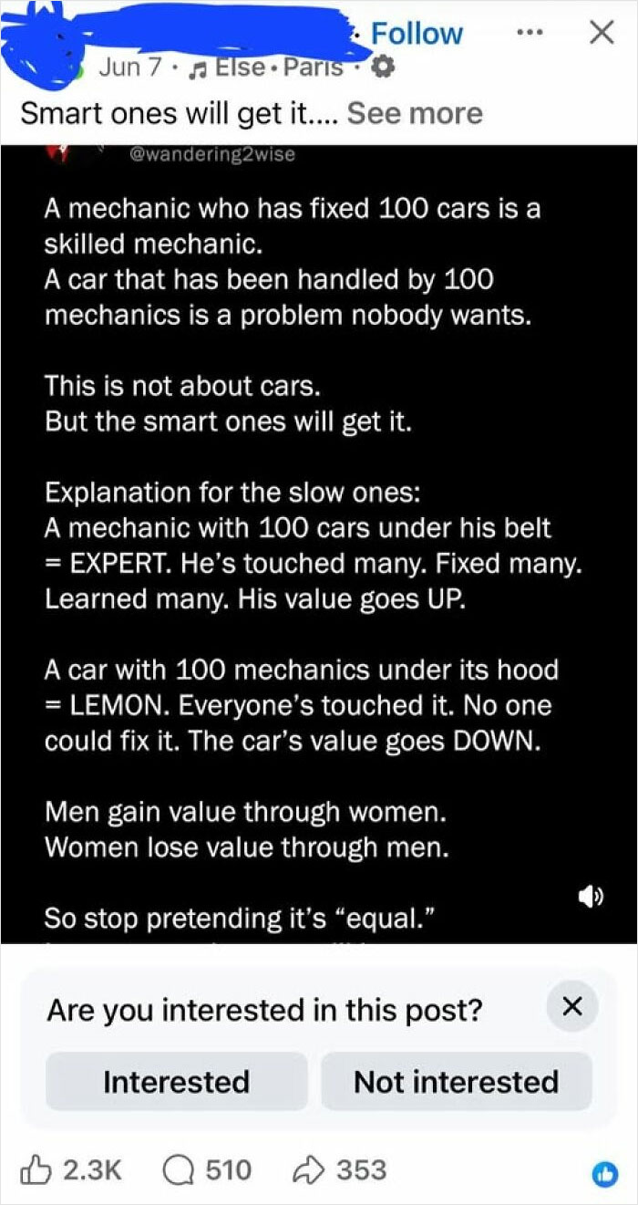 A social media post with text about funny examples of guys thinking highly of themselves. The post discusses a mechanic vs. a car.