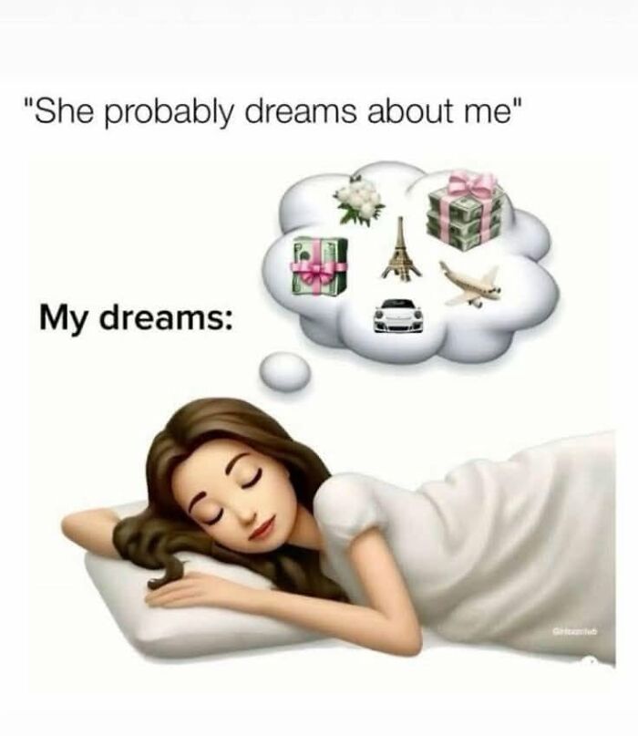 Funny post comparing dreams: one about a person dreaming of another, and a woman dreaming of gifts, travel, and a car, showing what being a woman is like.