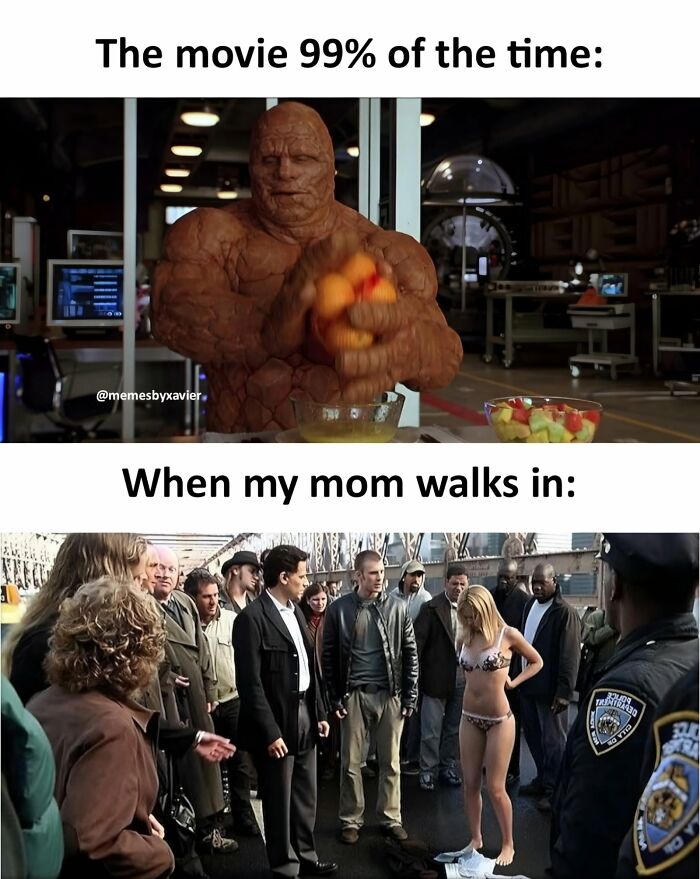 Xavier meme contrasting movie scenes with a Fantastic Four character and a woman in a bikini, from hilarious posts.