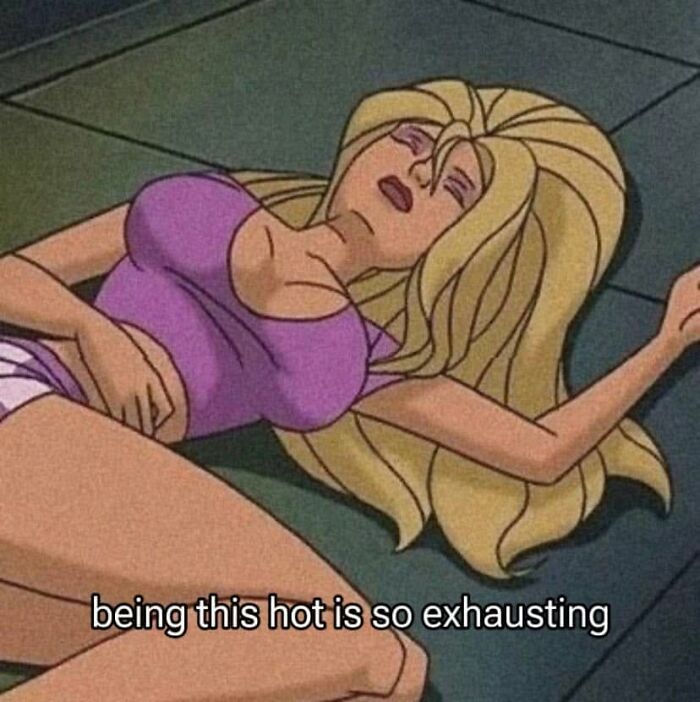 Funny post of an animated woman lying on the floor, exhausted, stating being hot is exhausting, reflecting what being a woman is like.