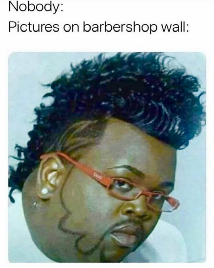 A man with an exaggerated hairstyle and beard design, a Gen X meme about barbershop pictures.