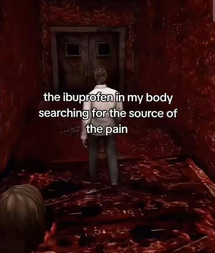 A funny post showing a person in a horror game setting, representing ibuprofen searching for pain in a woman's body.
