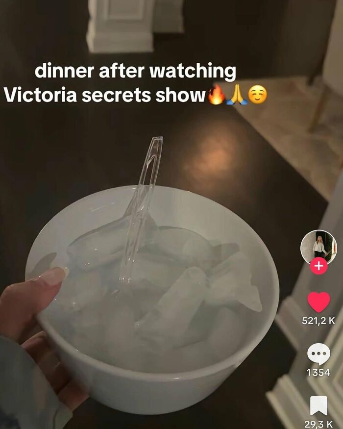 Funny post about a woman eating only ice after watching Victoria's Secret show, highlighting the reality of being a woman.