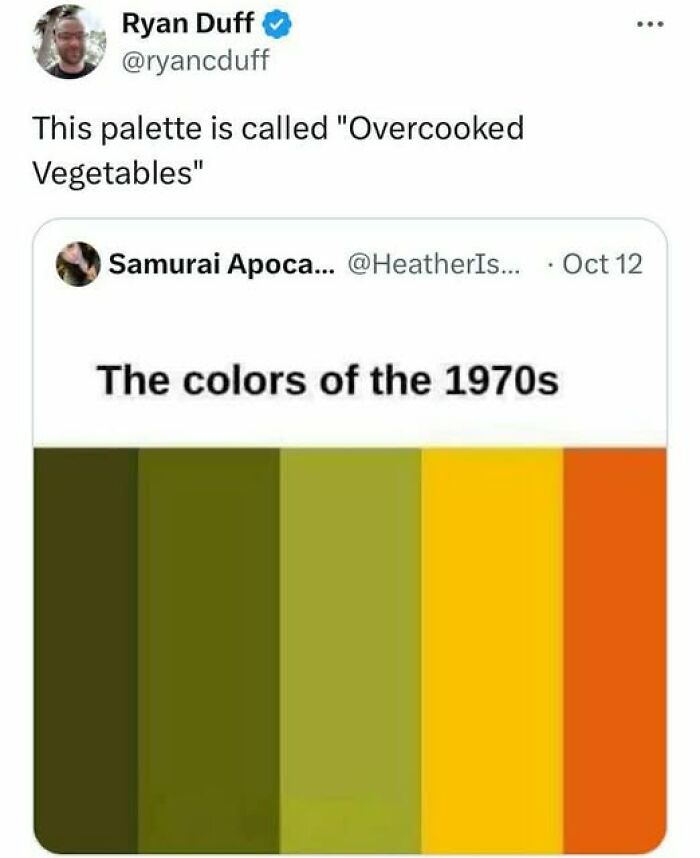 A social media post with a funny Gen X meme about 1970s colors, labeled Overcooked Vegetables, hitting hard.