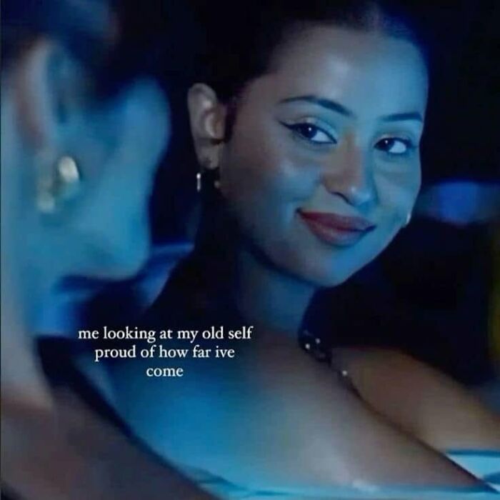 Funny post about a woman looking at her old self, proud of her journey and growth.
