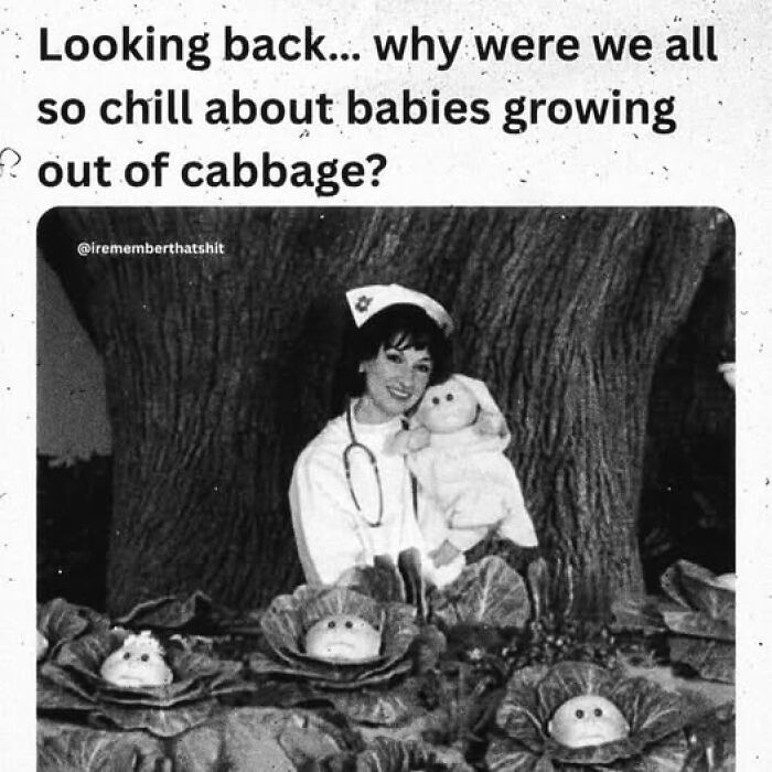 A Gen X meme with a black and white image of a nurse and cabbage patch babies, evoking nostalgia.