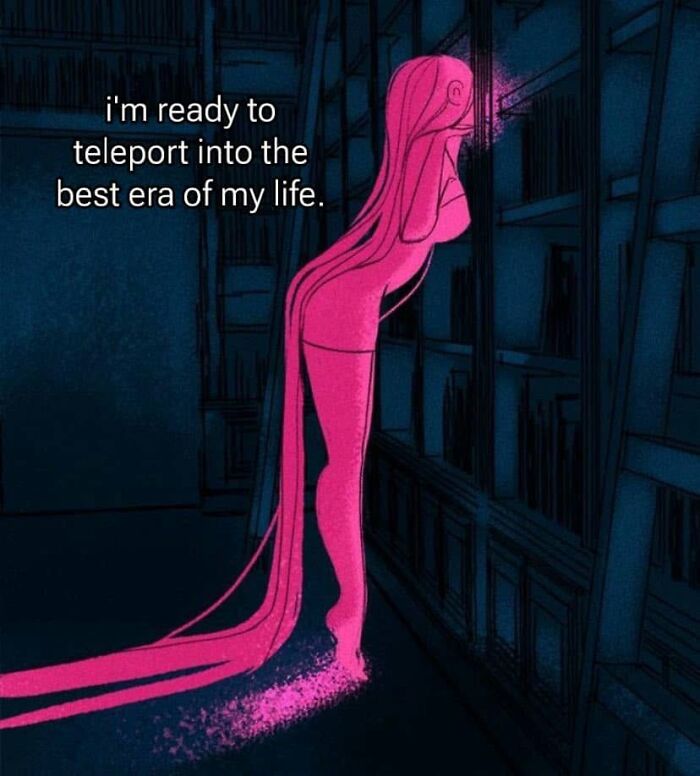 A funny post showing a stylized pink figure glowing, ready to teleport, representing a woman entering her best life era.