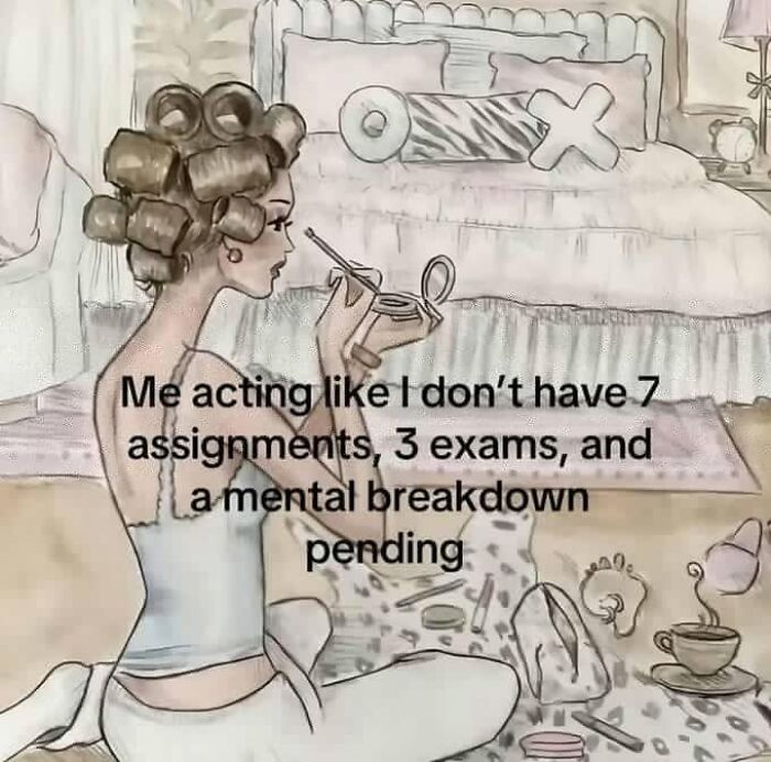 Funny post about a woman doing makeup, pretending not to have pending assignments, exams, or a mental breakdown.