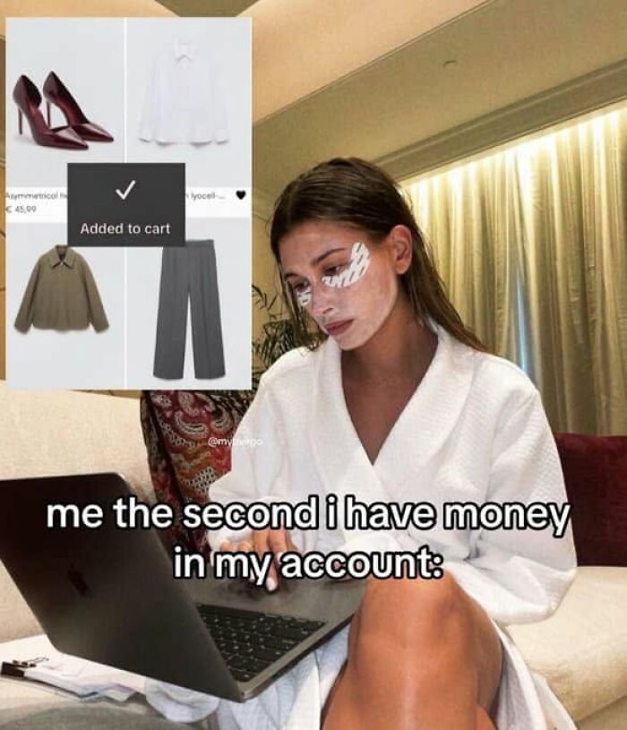 A funny post showing a woman shopping online, highlighting how easily money is spent, a common experience for women.