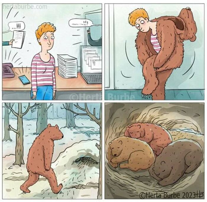 Herta Burbė comic illustration: A person transforms into a bear to escape office stress and hibernate in a den.
