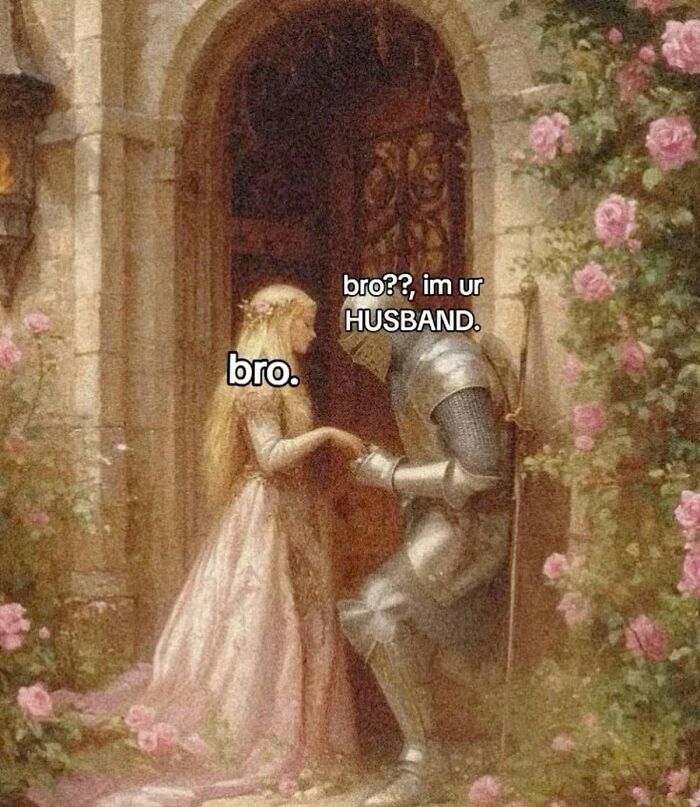 A funny post with a classic painting of a knight proposing to a lady, humorously captioned about what being a woman is like.
