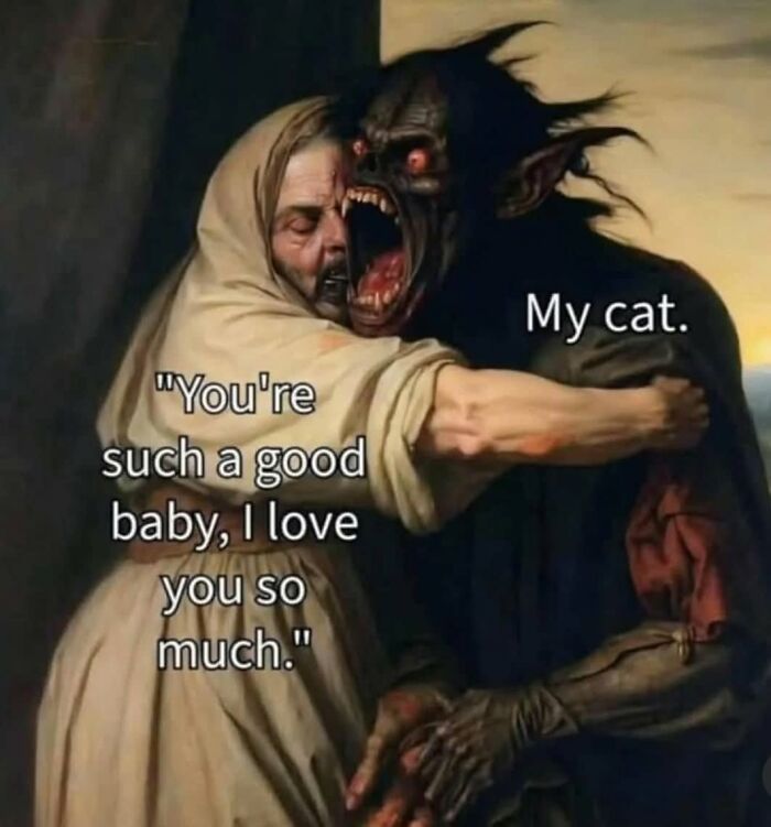 A person hugging a monstrous creature labeled My cat, depicting funny posts about being a woman.