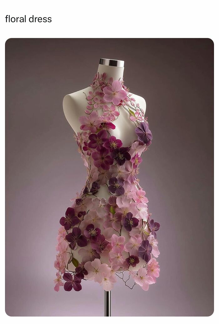 Beautiful floral dress displayed on a mannequin, showcasing what being a woman is really like.