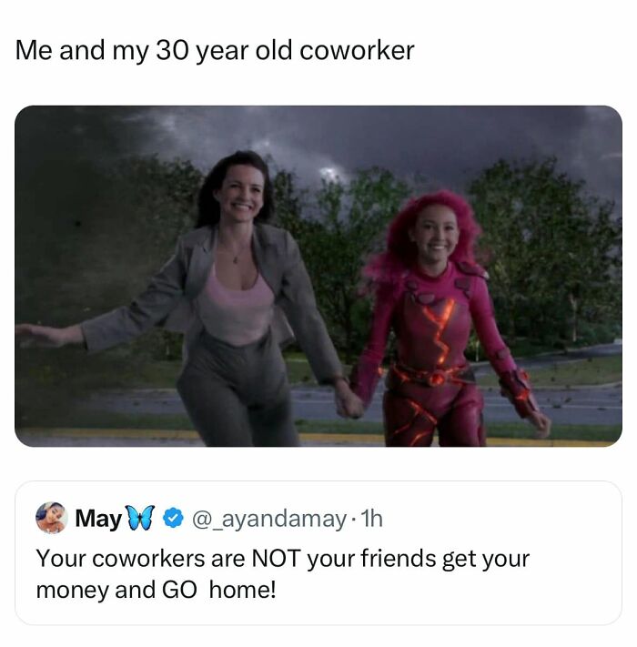 Funny post comparing a woman and her coworker to Sharkboy and Lavagirl, with text about coworkers not being friends.