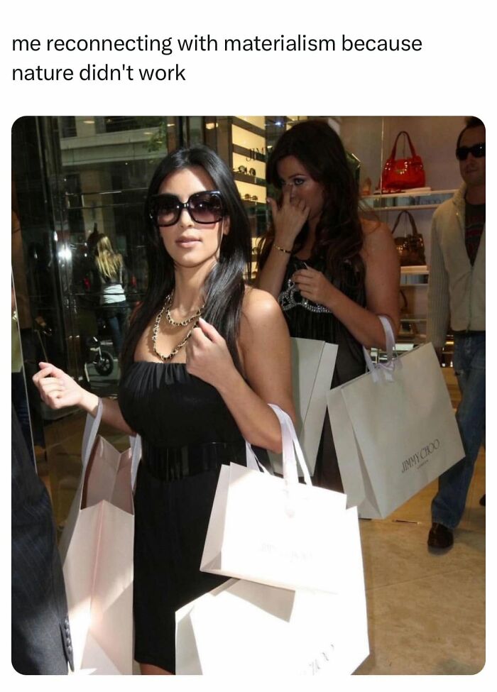 Funny post about a woman reconnecting with materialism, featuring Kim Kardashian with shopping bags.