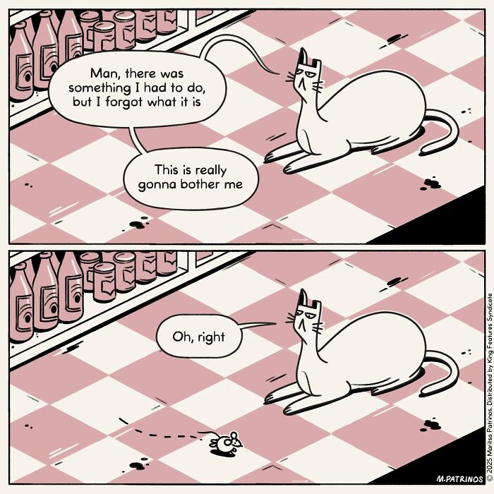 A cartoon of cats with jobs: a cat realizing it forgot to chase a mouse in a store aisle.
