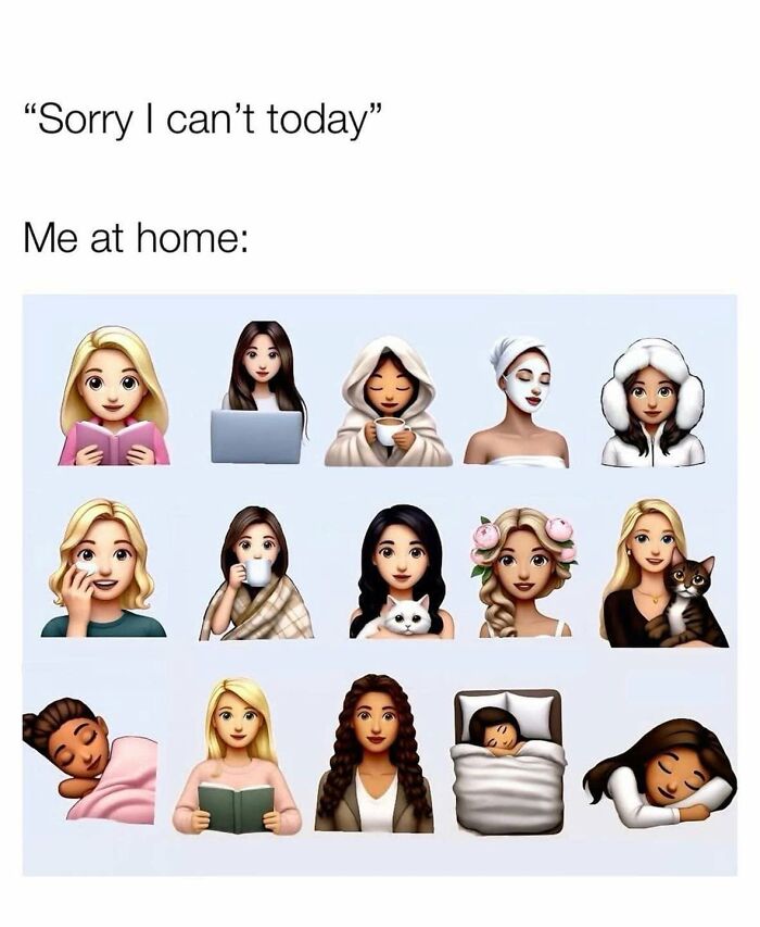 A grid of female emojis depicting various relaxed activities at home, a funny post about being a woman.