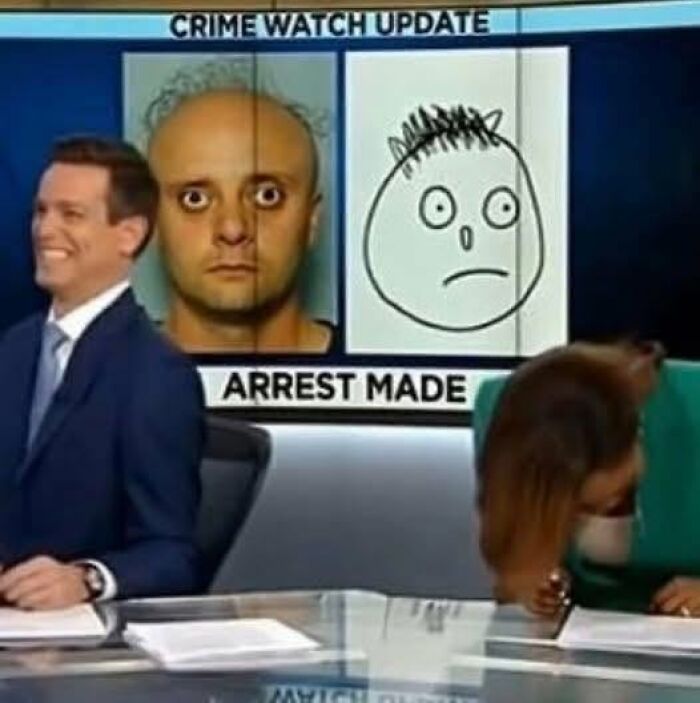 News anchors laughing at a poor police sketch, illustrating America's cultural decline into idiocy.