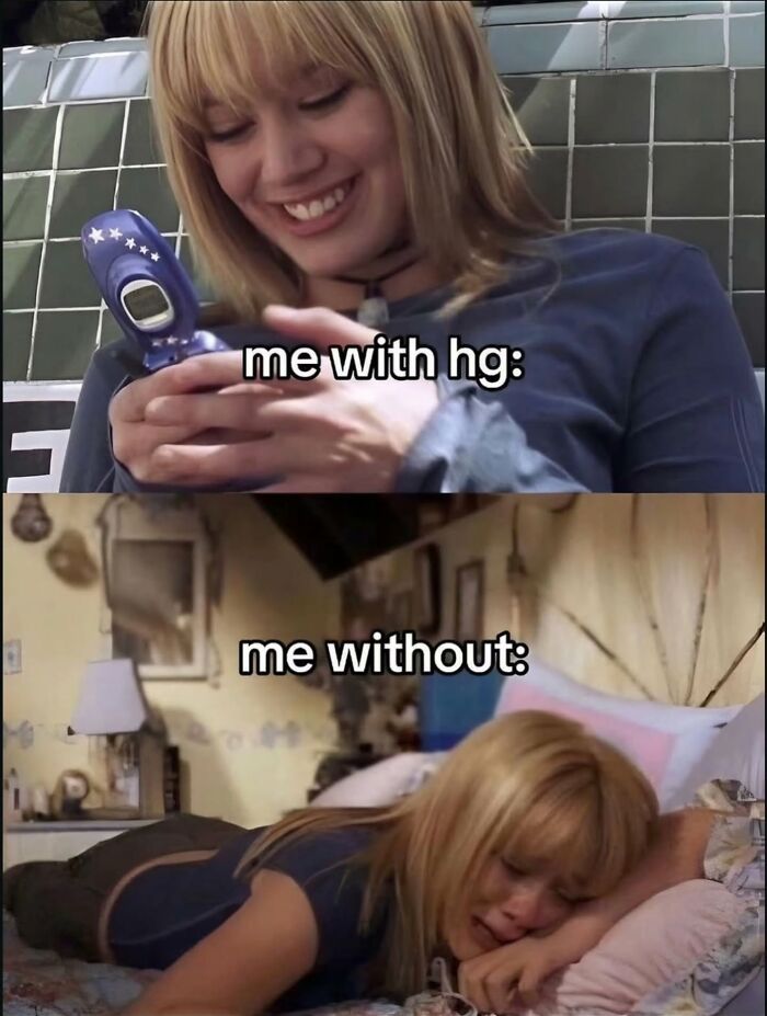 A relatable meme of Hilary Duff, showing her happy self with HG texting and her sad self without, conveying a very relatable mood.