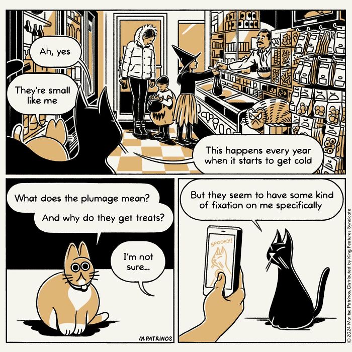 A comic showing a cat observing Halloween trick-or-treaters and imagining how cats would be like with jobs and responsibilities.