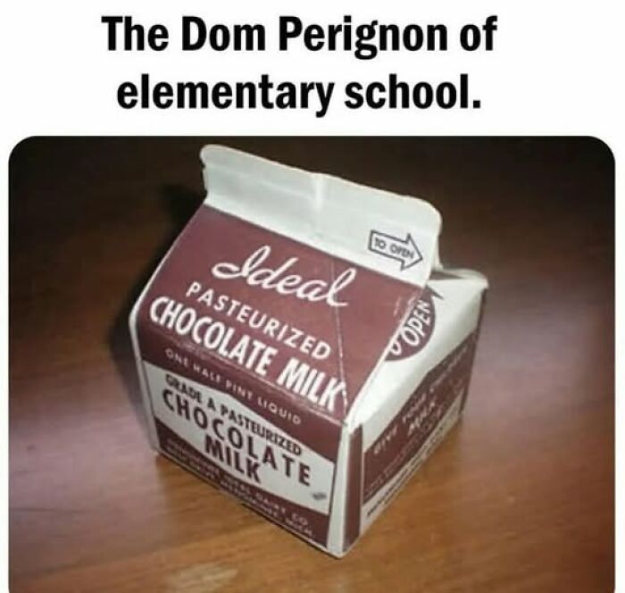 A vintage chocolate milk carton, a Gen X meme about elementary school that hits harder than a lower back.