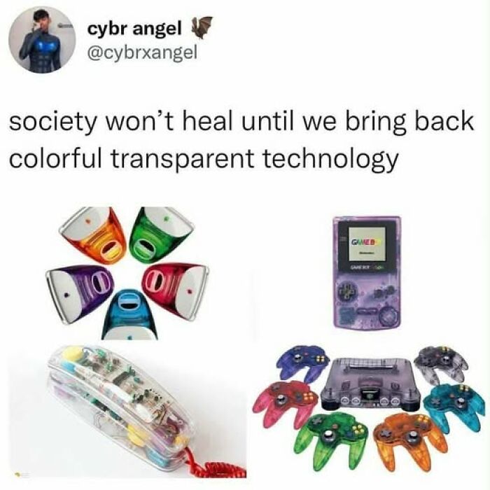 A Gen X meme displaying colorful transparent technology like Game Boys and telephones from the past.
