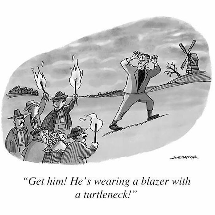 Cartoonist draws everyday absurdity of a mob chasing a man wearing a blazer and turtleneck near a windmill.