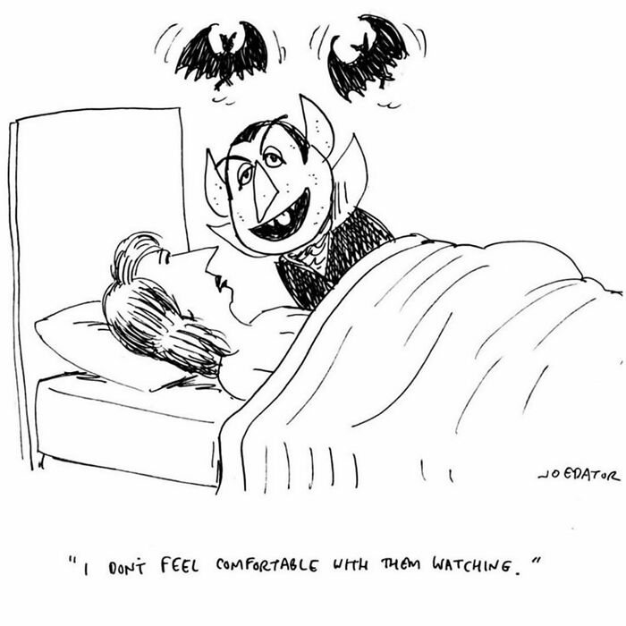 Cartoonist shows everyday absurdity of a vampire in bed feeling watched by two bats.
