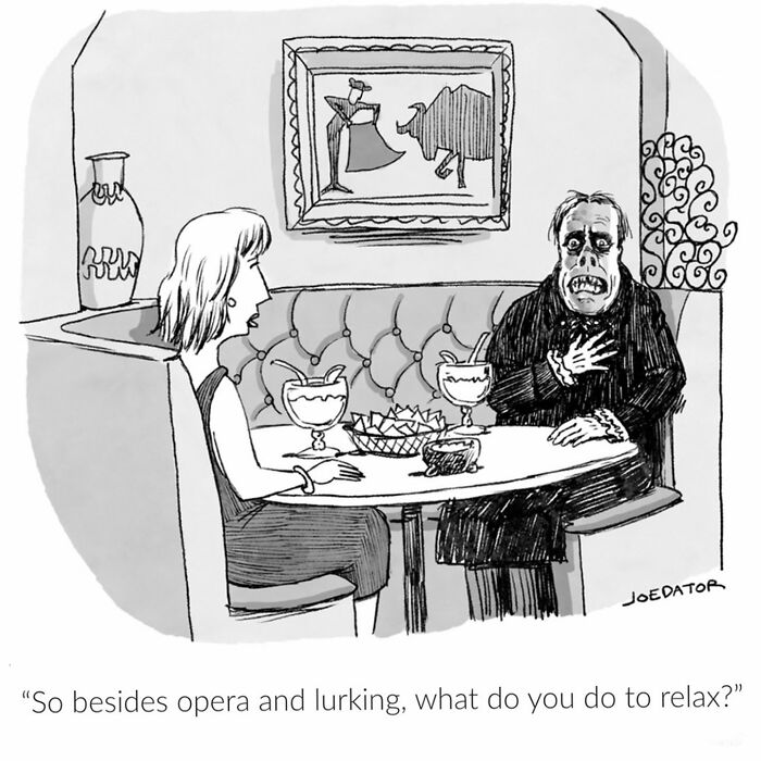 Cartoonist captures everyday absurdity of a woman on a date with a ghoulish man in a restaurant.