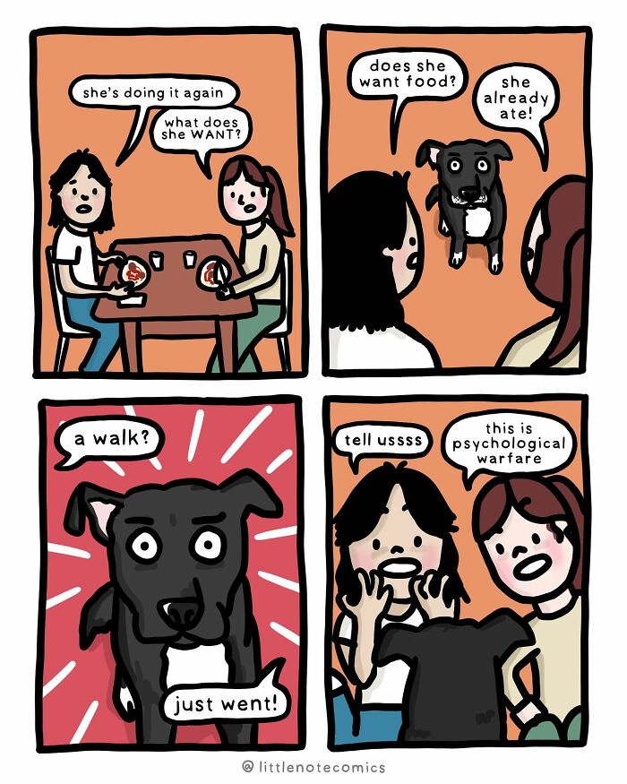 A cute comic depicting relationship quirks as a dog stares intently at its owners while they eat, hinting at food or a walk.