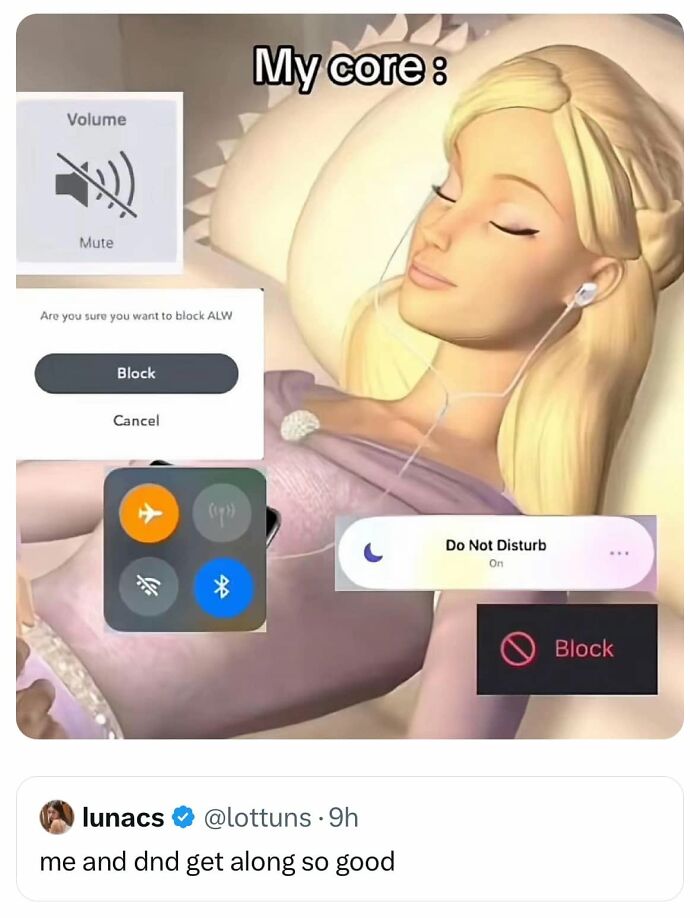 A Barbie doll with various phone notifications like mute and block, illustrating funny posts about being a woman.