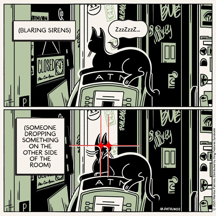 A two-panel comic of a cat sleeping soundly on an ATM, then startled awake, showing how cats would be like with jobs.