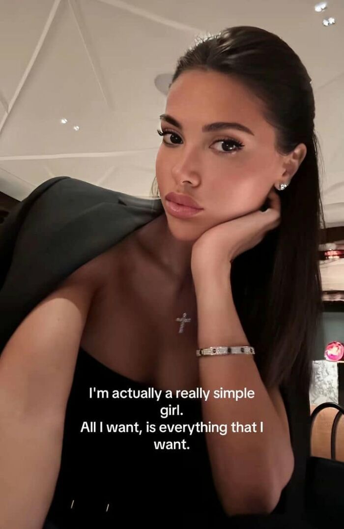 A woman poses with a humorous caption about being a simple girl, reflecting funny posts about being a woman.